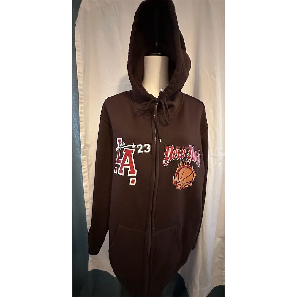 ROMWE Men's XL Brown Varsity Jacket Zip-Up Hoodie Graphic Streetwear